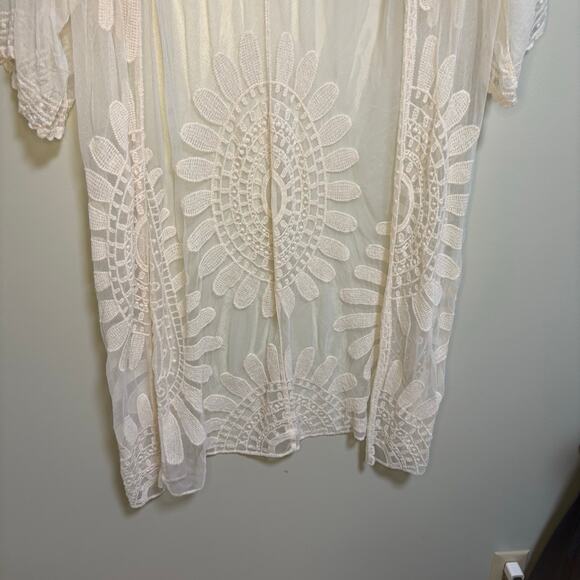 Rebellion Cream Boho White Sheer Lace Midi Kimono Cardigan Beach Coverup Medium - Picture 3 of 9
